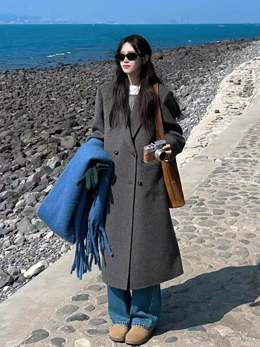 Koreanischer schwarzer Woll-Mantel, verdickt, Damen, französischer Hepburn-Stil, Retro, zweireihig, mittellang, modisch, temperamentvoll, lockere Jacken