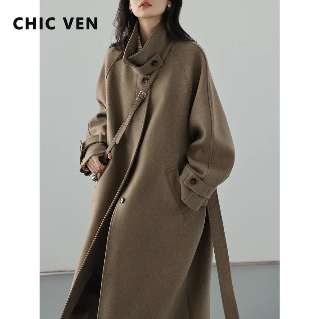 Long Manteau Trench en Laine Femme – Col Montant, Ceinture Lacets, Manches Raglan