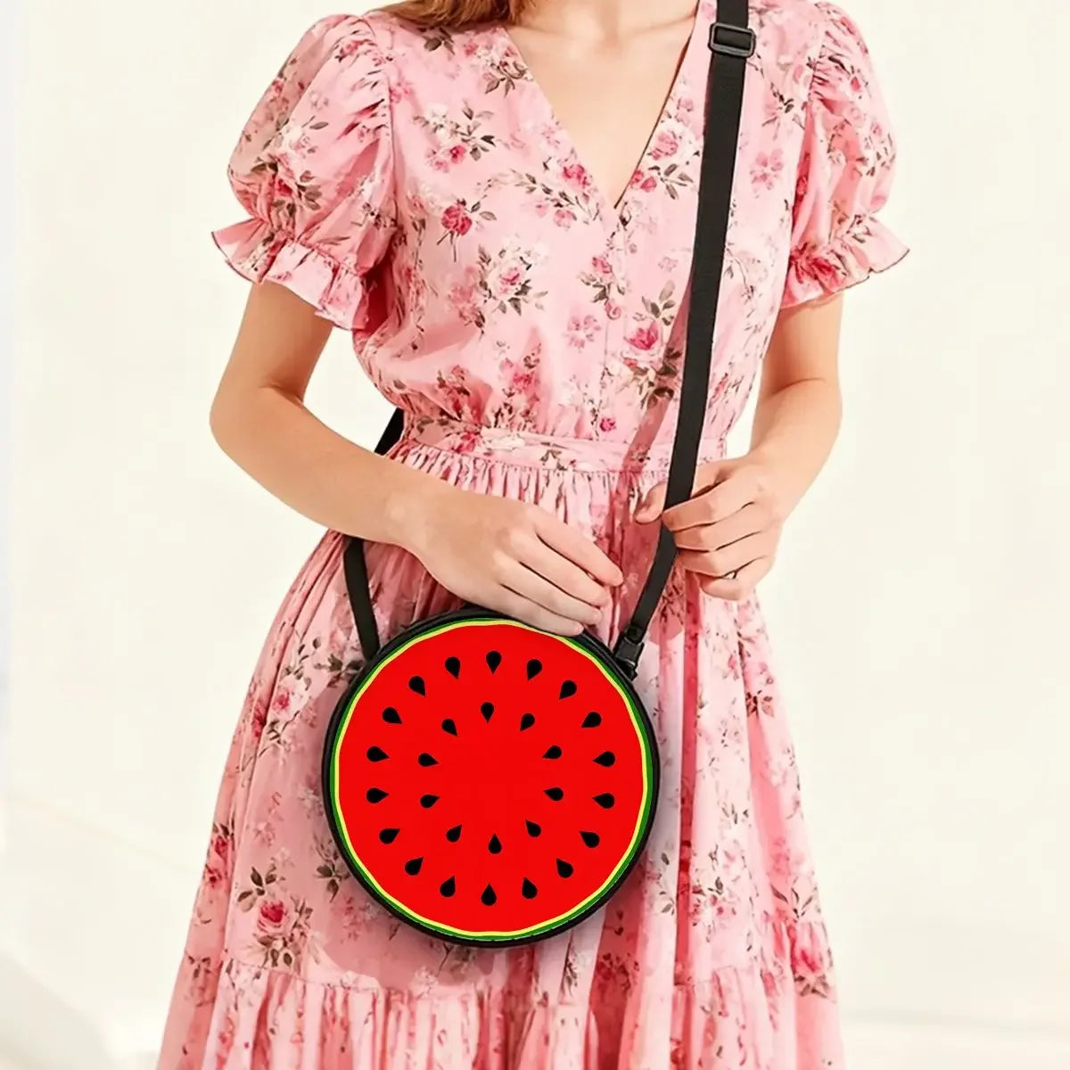 Watermelon Cherry Round Shoulder Bag Fruit Messenger Bag Daily Adjustable Strap Crossbody Bag for Woman Best Gifts 2D Flat