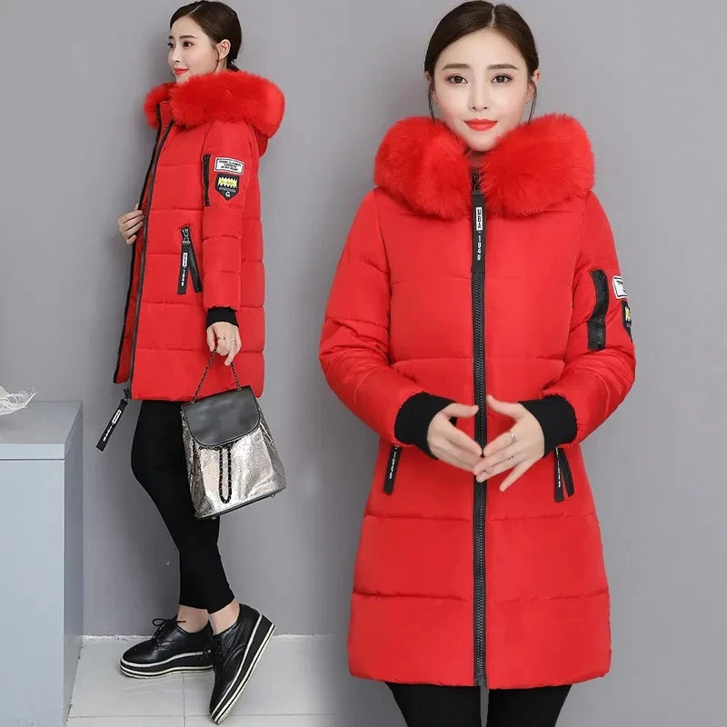 2026 Winter New Korean Cotton Jacket Women's Medium Long Big fur collar Coat Female Cotton Thicken Warm Hooded Parker Overcoat