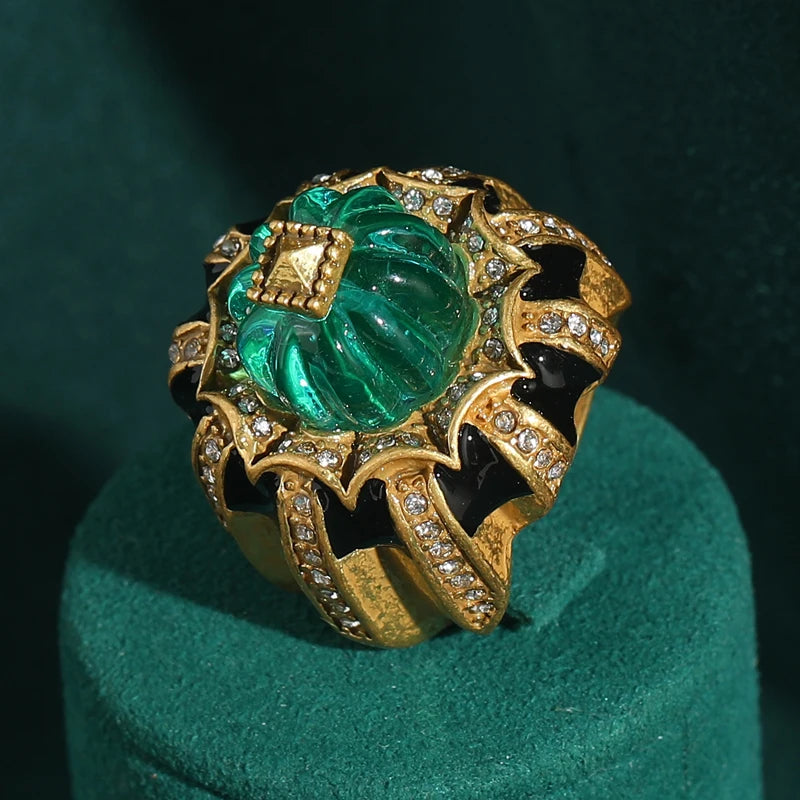 Bague Vintage Résine Verte Citrouille – Bijou Cocktail Doré pour Femme