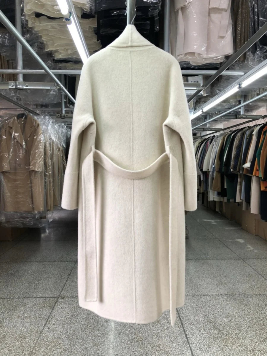 Big Collar Bathrobe Style Double-sided Cashmere Coat for Women Autumn Winter Long Beautiful Wool Coats Loose Simple Woolen Coat
