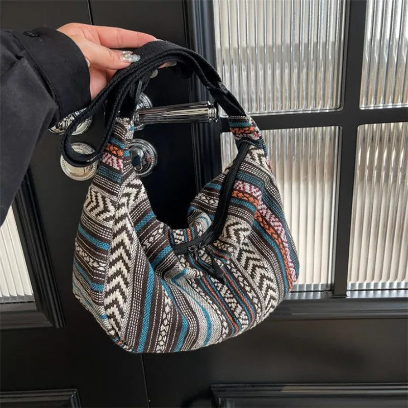 Tribal Style Shoulder Bag, Foldable Crossbody with Zipper Closure, Striped Pattern, Flag Theme Hand Washable Edge Painted Lining