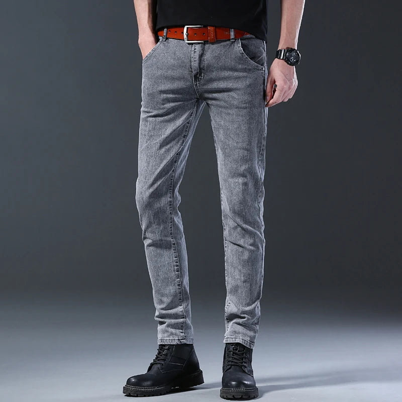 Jean Slim Homme Gris Style Coréen Haute Élasticité | Tailles 28-36 Toutes Saisons
