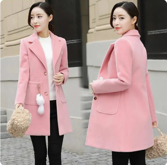 Manteau Long en Laine Femme – Col Tailleur, Coupe Ajustée, Style Automne-Hiver