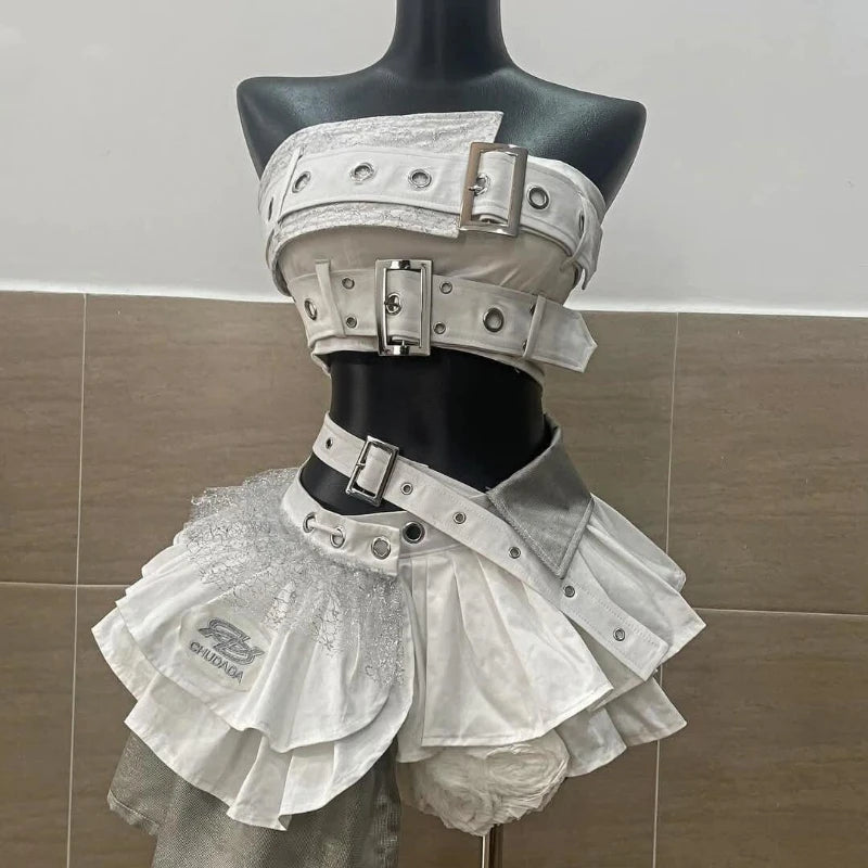 Ensemble 2 Pièces Femme Y2K Gothique – Top Bustier Sans Bretelles & Mini Jupe À Volants Taille Haute
