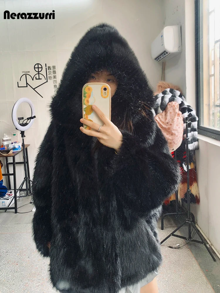 Nerazzurri – Manteau Fausse Fourrure Femme À Capuche, Oversize Chaud & Moelleux, Hiver Casual
