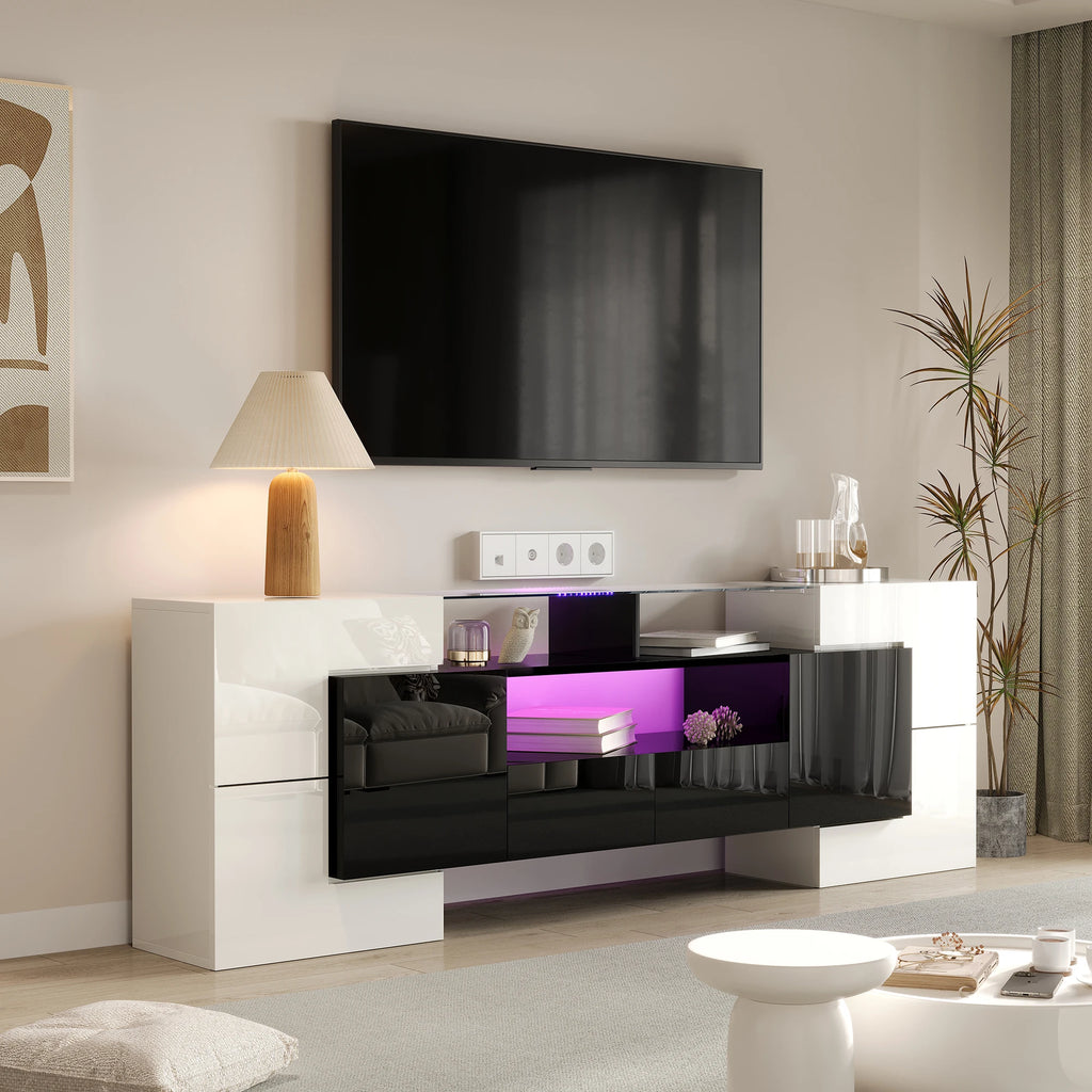 Meuble TV 200x35x60 cm Blanc Haute Brillance – Surface Verre | LED | 60 kg | Design Moderne | Salon