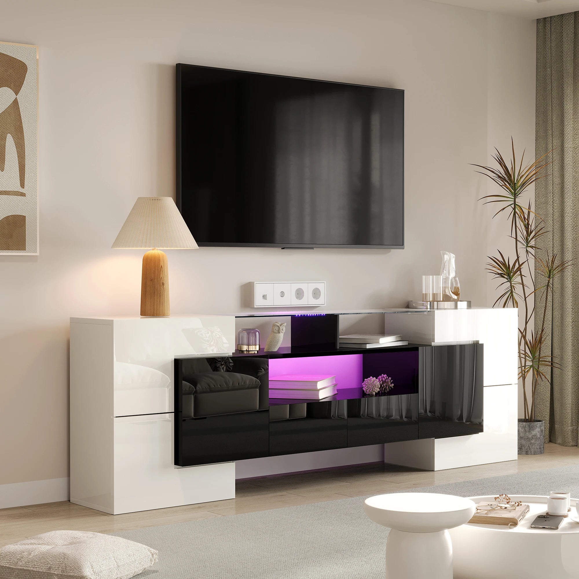 Meuble TV 200x35x60 cm Blanc Haute Brillance – Surface Verre | LED | 60 kg | Design Moderne | Salon