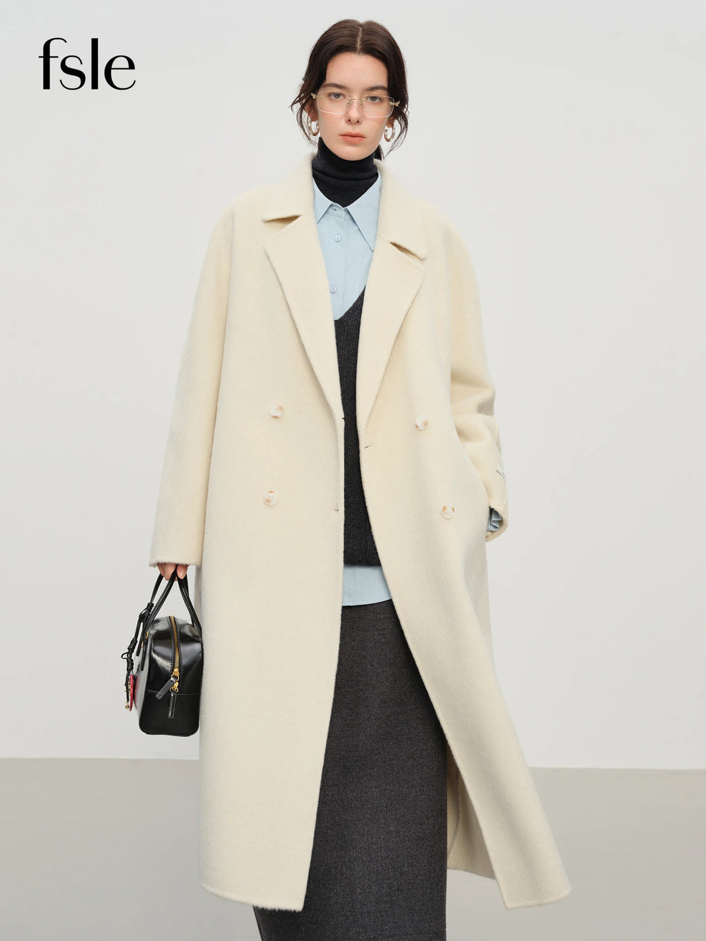 FSLE – Manteau Long Femme Double Face Laine & Poil de Chameau, Coupe Élégante, Hiver 2025