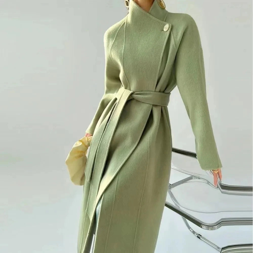 Manteau long en laine à col officier pour femme – Ceinture à nouer