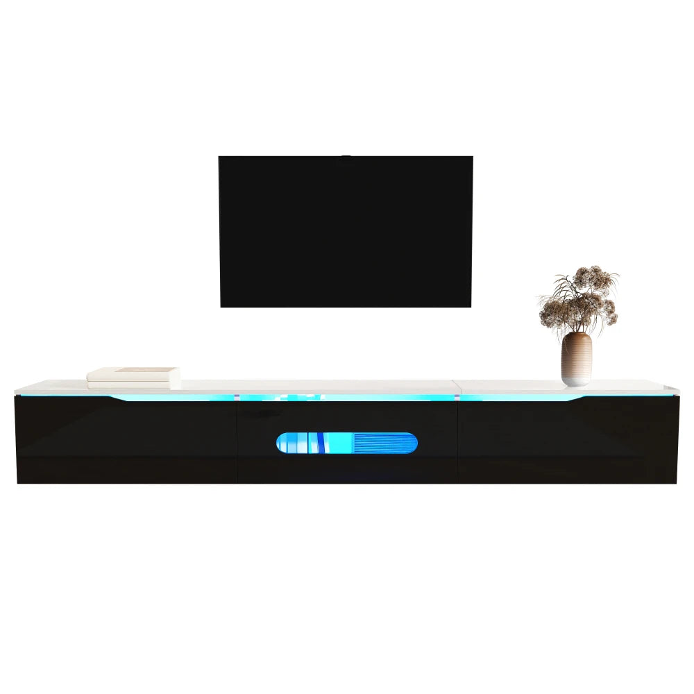 Meuble TV Haute Brillance 180x35x30 cm – LED 16 Couleurs USB | Mural ou Sol | Noir & Blanc | 60 kg