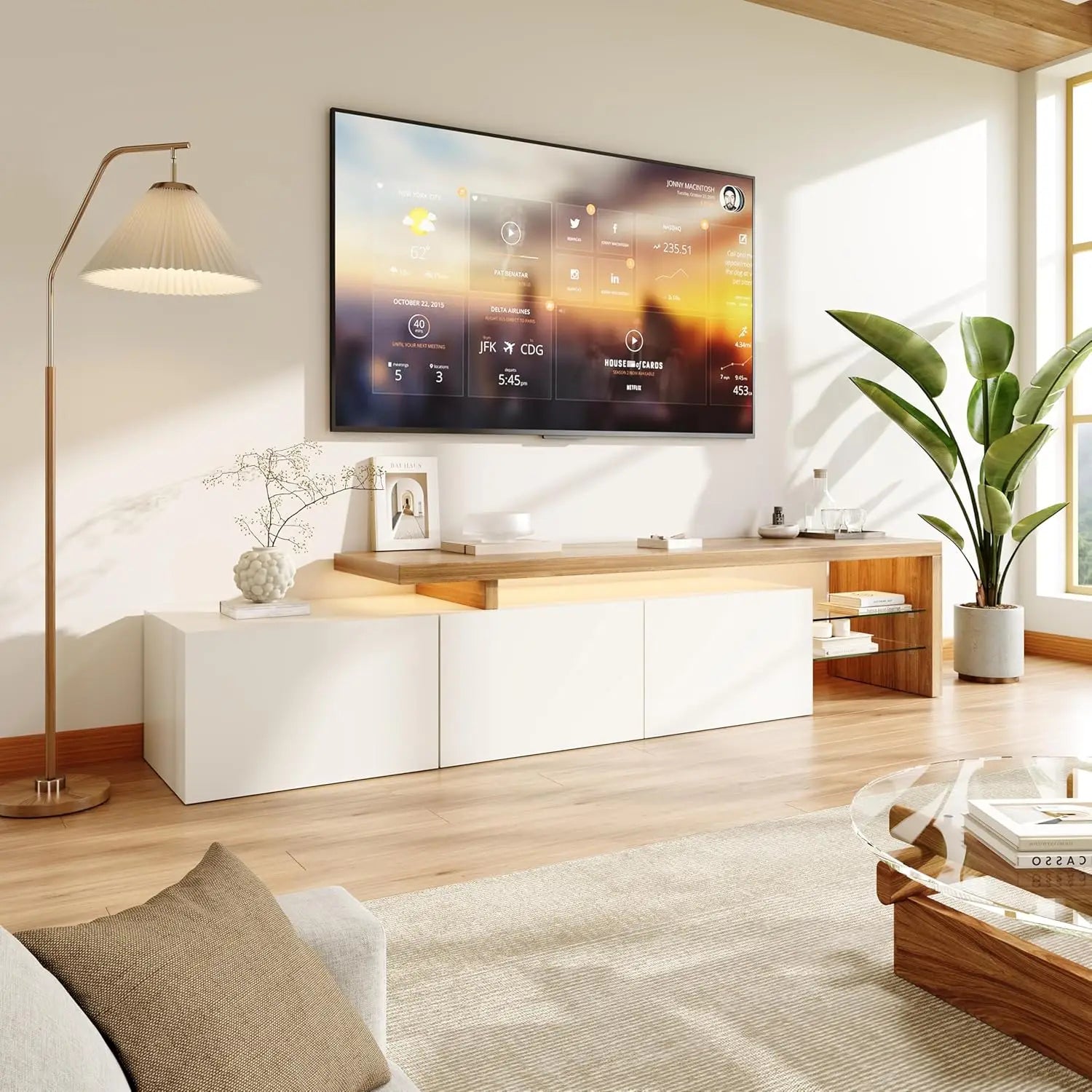 Meuble TV Simurq 240x38x44 cm – 3 Portes | Étagères Verre | 75 kg | Style Scandinave | Blanc ou Noir