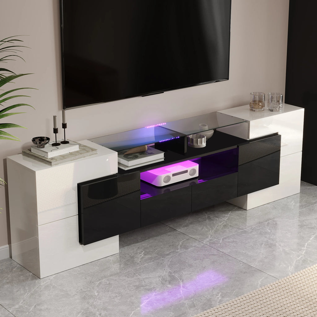 Meuble TV 200x35x60 cm Blanc Haute Brillance – Surface Verre | LED | 60 kg | Design Moderne | Salon