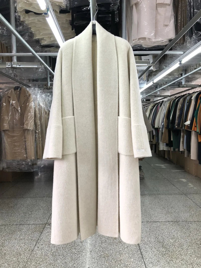 Big Collar Bademantel-Stil Doppelseitiger Kaschmirmantel für Damen Herbst Winter Lange Schöne Wollmäntel Lockere Einfache Wollmantel
