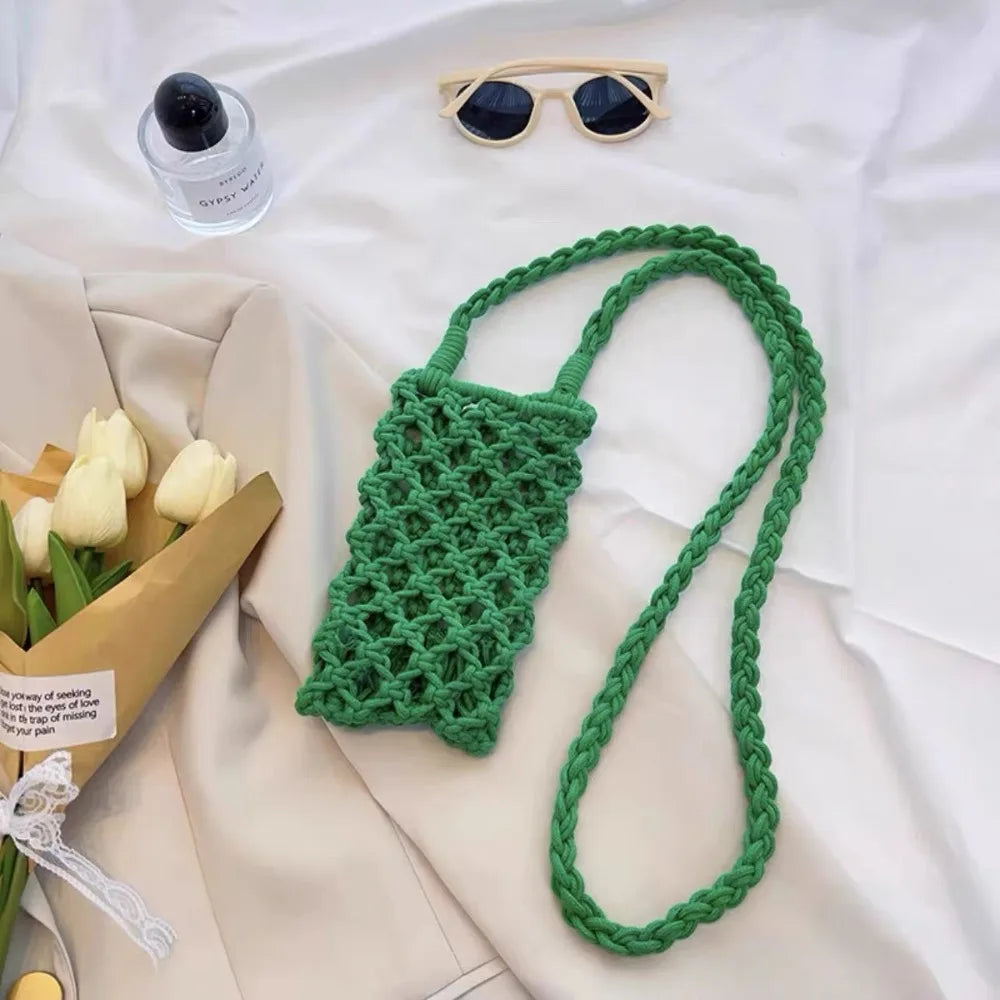 Fashion Portable Crossbody Phone Bag Hollow-out Woven Solid Color Shoulder Bags Crochet Lightweight Phone Purse Gifts