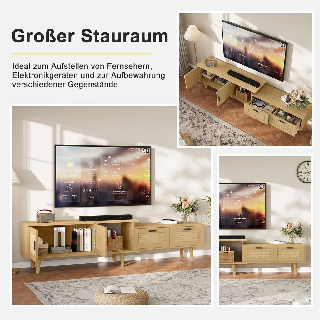 Meuble TV Extensible 146-180 cm – 2 Tiroirs & Portes Rotin | Bois Massif Salon