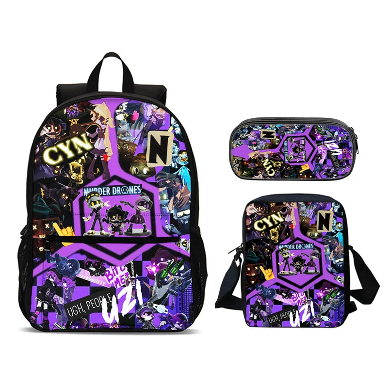 Murder Drones 3pcs Set Backpack 47cm/18.5inch Large Capacity Backpack Shoulder Bag Pencil Case Book Bags for Boys Girl Best Gift