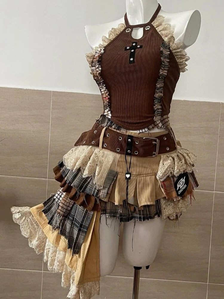 Ensemble 2 Pièces Femme Y2K Gothique – Top Bustier Sans Bretelles & Mini Jupe À Volants Taille Haute