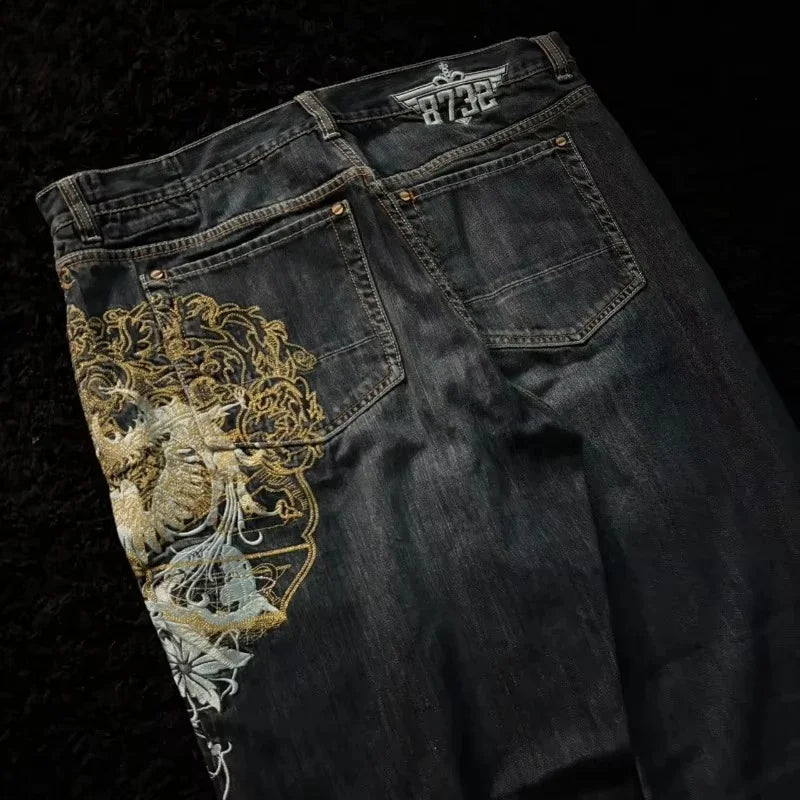Jean Y2K Baggy Homme Imprimé Blue Washed Hip Hop Rock Wide Leg | Multi-Coloris M-XXL