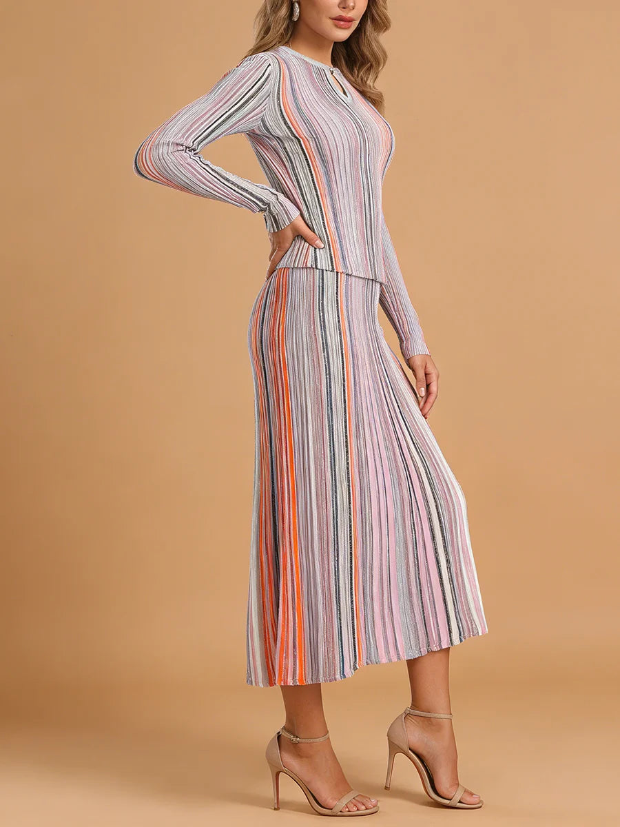 VGH Elegantes, stylisches, gestreiftes Strick-Zweiteiler-Set für Damen, schlankmachende Langarmpullover, plissierter Rock für Cocktailpartys