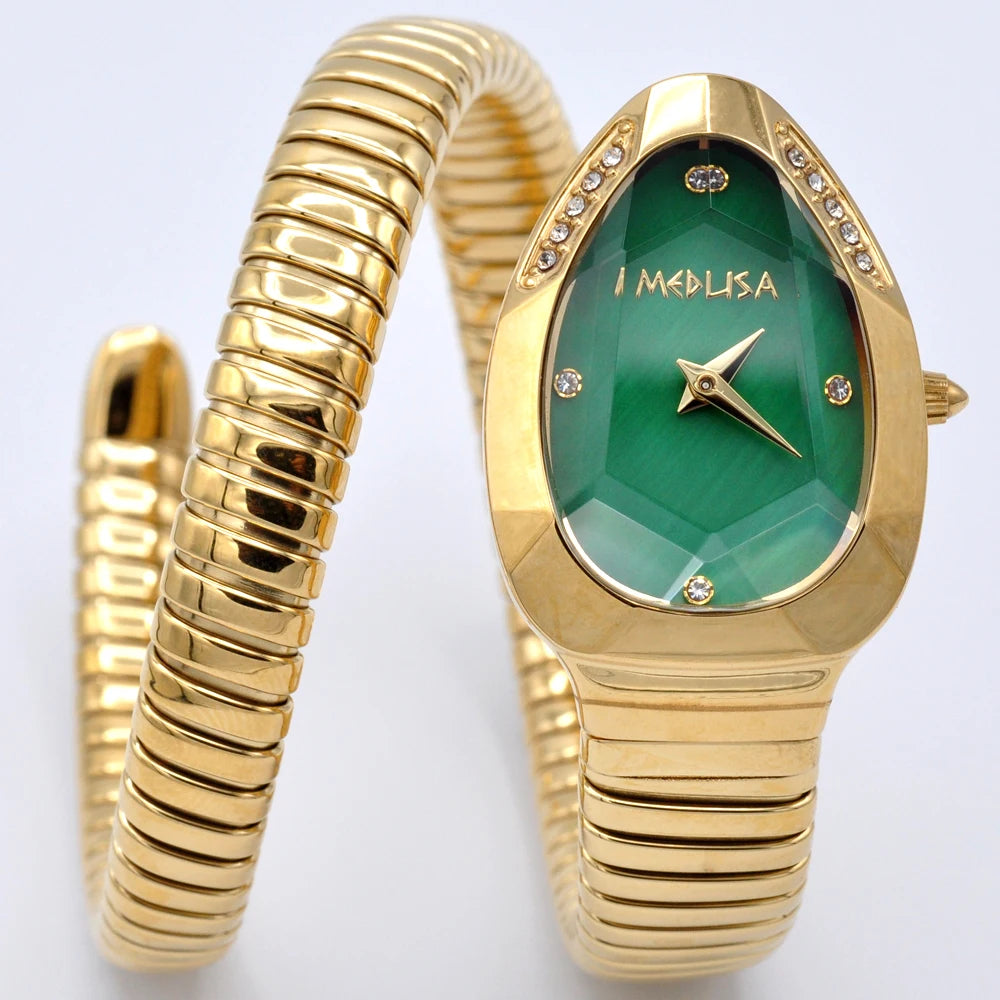 2026 High Quality Gold Diamond Set Snake Shaped Dress Watch Bangle Style Fashionable Unique Brand Same Style Women's Wristwatch