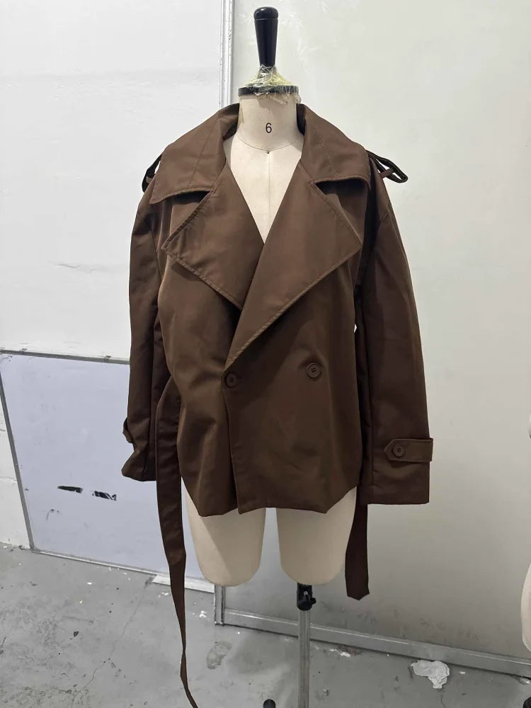 Solid Lace Up Short Windbreaker Women Elegant Full Sleeve Button Loose Chic Trench Coat New Office Lady Daily Commute Outwear