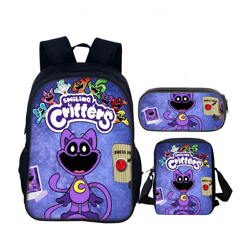 3pcs Set Smiling Critters School Bag 40cm/15.7inch Backpack Shoulder Bag Pencil Case Computer Book Bags for Boys Girls Best Gift