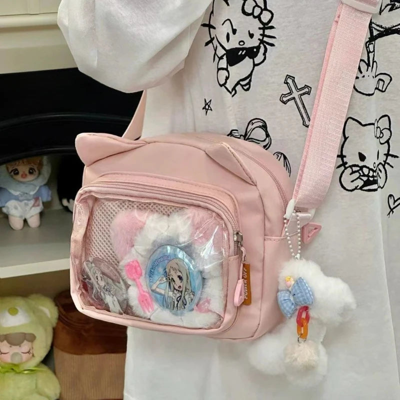 Japanese Pink Harajuku Cute Girls Y2K Transparent Cartoon Ita Bag Doll Versatile Crossbody Bag Casual Mobile Phone Сумка