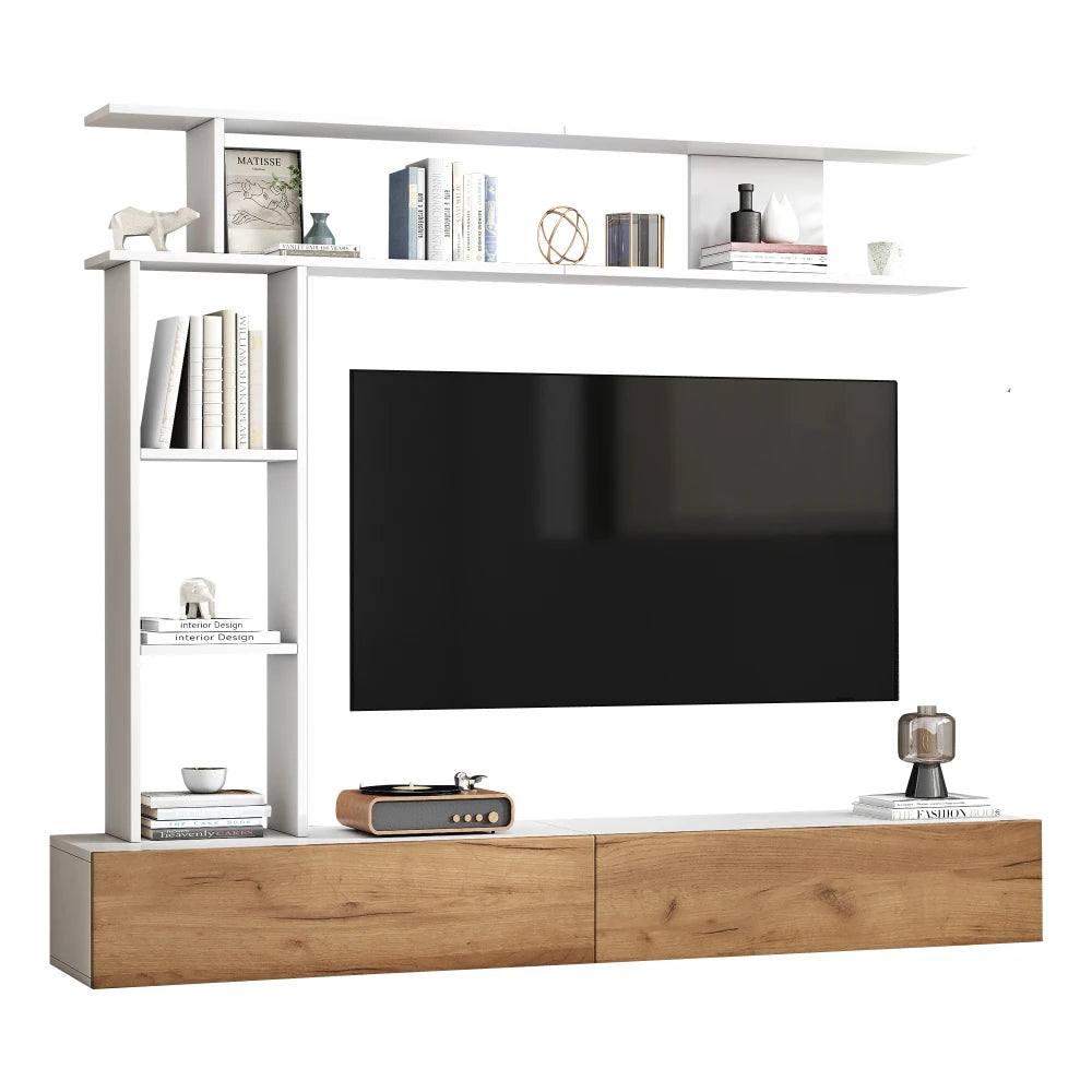 Ensemble Mural TV 3 Pièces 180x35x22,5 cm – Meuble TV + Étagère Verticale + Étagère Horizontale | Blanc & Chêne