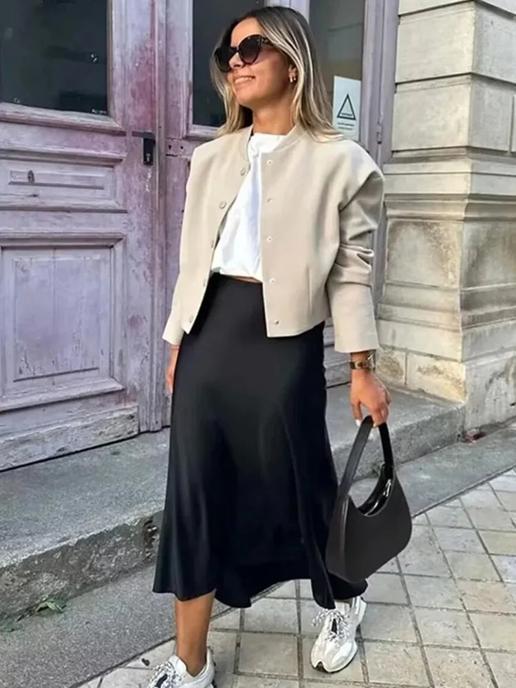 Willshela 2024 Schwarzer Satinrock Damen Hohe Taille Elegante Lange Röcke Für Frauen Mode Sommer Midirock Büro Damenröcke