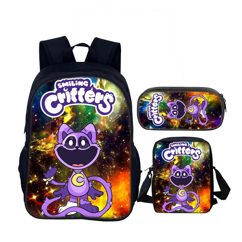 3pcs Set Smiling Critters School Bag 40cm/15.7inch Backpack Shoulder Bag Pencil Case Computer Book Bags for Boys Girls Best Gift