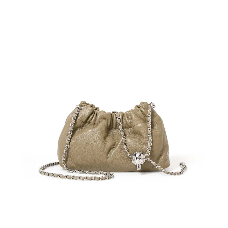 Lightweight Litchi Texture Genuine Cow Leather Cloud Bag Women Drawstring Ruched Design Metal Chain Crossbody Mini Purse