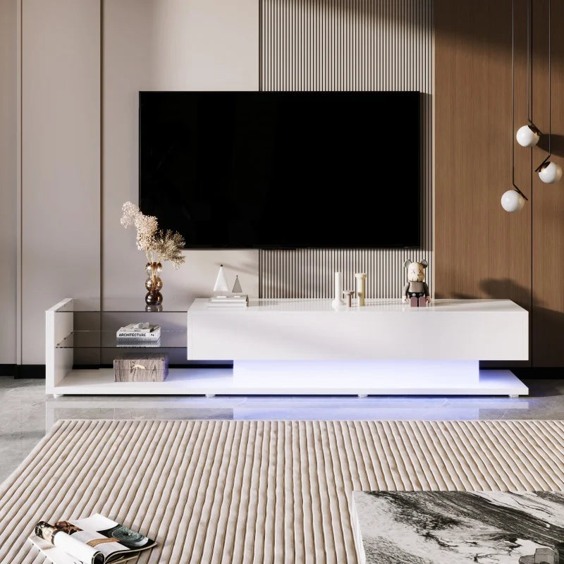Meuble TV Rbefeuly 170 cm Blanc Haute Brillance – LED | 2 Tiroirs | 2 Étagères Verre | Mural ou Sol | TV 59"