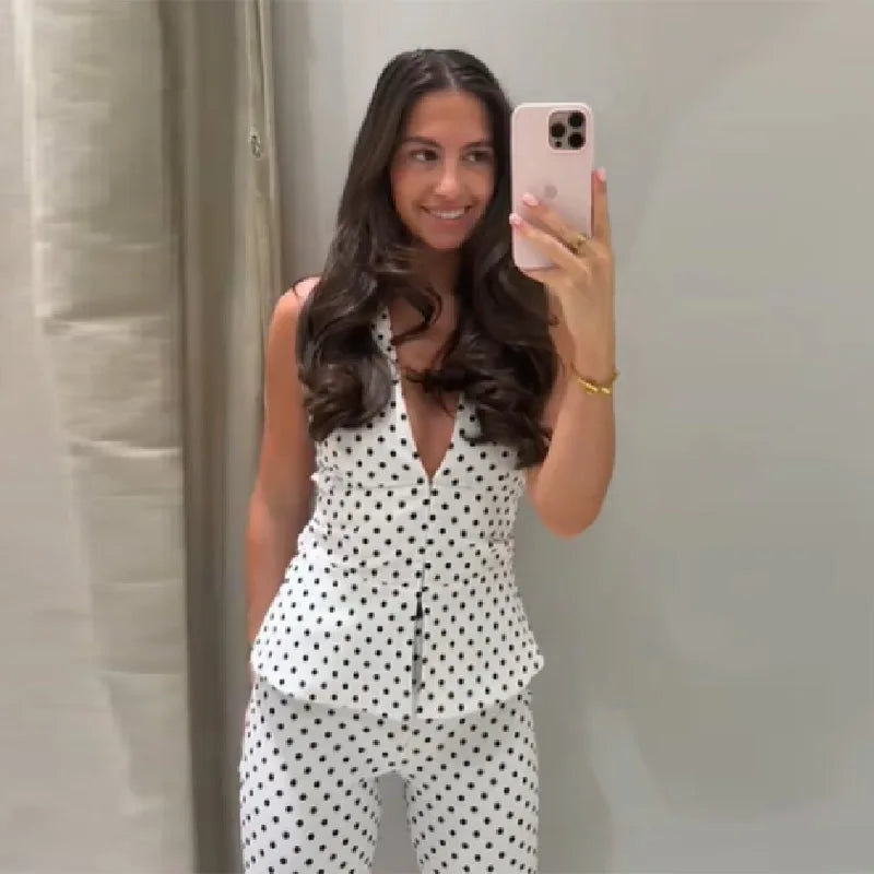 Retro Modern Polka Dot Set Neckholder-Top mit tiefem V-Ausschnitt Ausgestellte Hose Damen Party Zeitloser Chic Weibliche Klassische Stilvolle Outfits