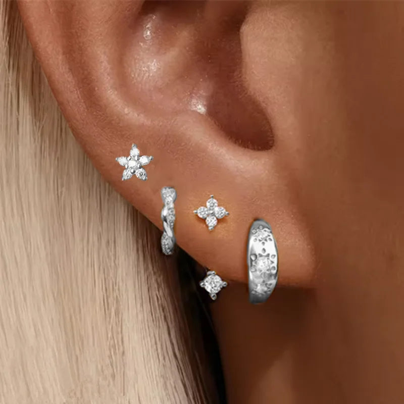 Lot de 4 Boucles d'Oreilles Créoles Zirconia – Étoile & Fleur, Acier Inoxydable, Femme