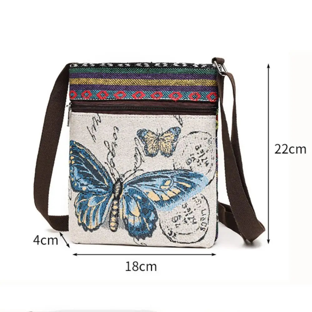 Women Square Small Canvas Embroidered Phone Shoulder Bag Retro Ethnic Style Travel Outdoor Messenger Crossbody Bag Handbags ﻿