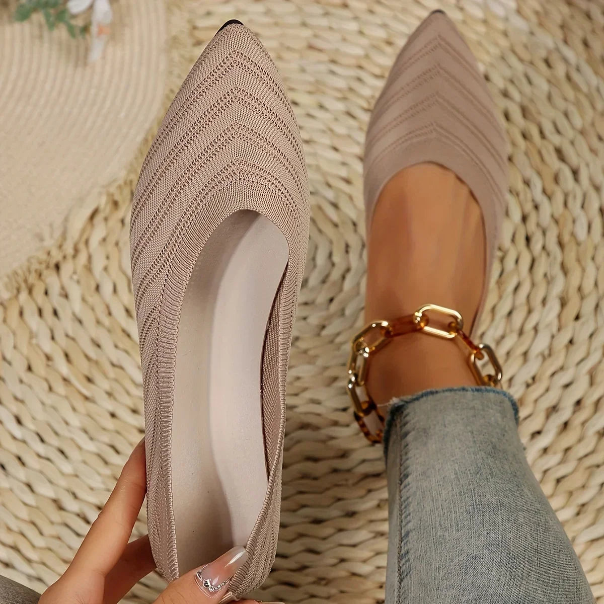 Flache Schuhe mit spitzer Zehe für Damen – Atmungsaktives Gestrick, Slip-On, lässiger Ballerina-Stil