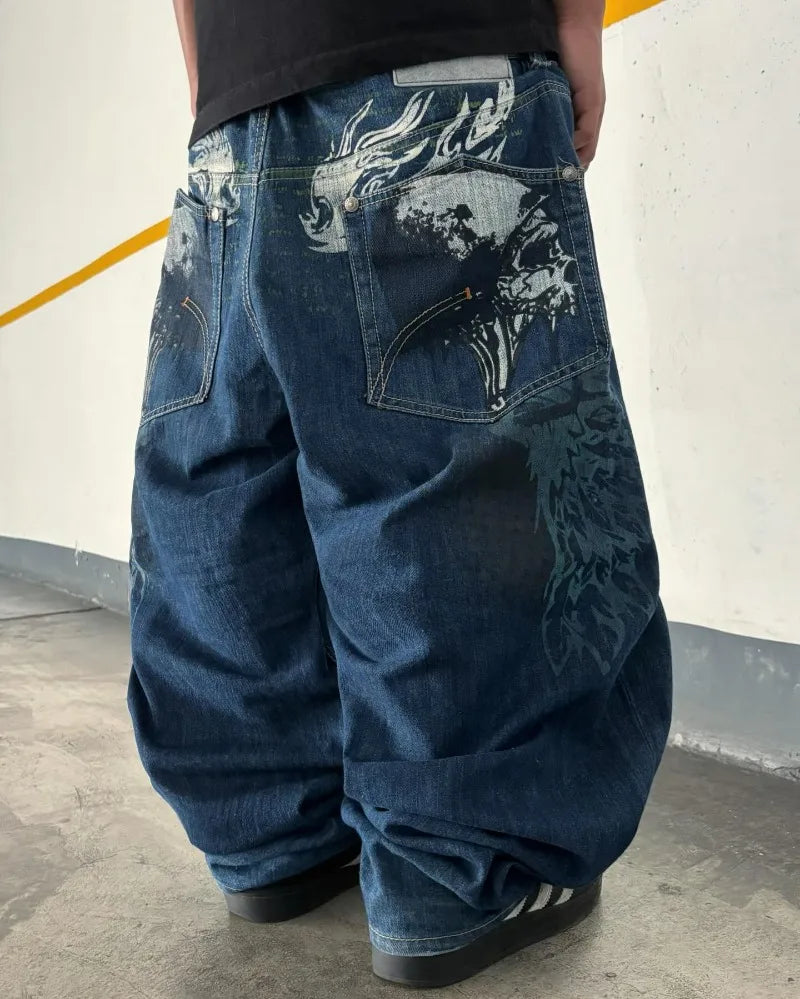 Jean Y2K Baggy Homme Imprimé Blue Washed Hip Hop Rock Wide Leg | Multi-Coloris M-XXL