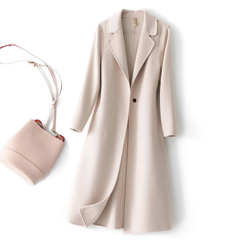 Modischer, einfacher Damenmantel Herbst und Winter Neu Ein-Knopf 100% reine Wolle Wendbarer Wollmantel Langer wilder Damen-Oberteil