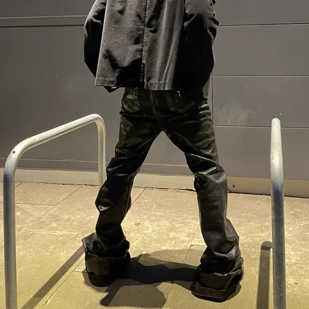 Men's Jean Flare Waxed Leather Effect Black Y2K Streetwear Baggy Oversized Sizes M-XXL Asia
