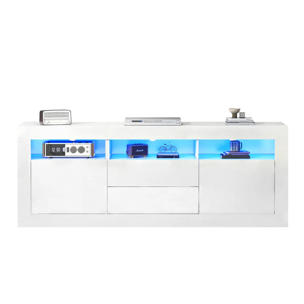 Meuble TV Haute Brillance LED 160x35x60 cm – 3 Niches | 2 Portes | 2 Tiroirs | TV 70" | App Bluetooth