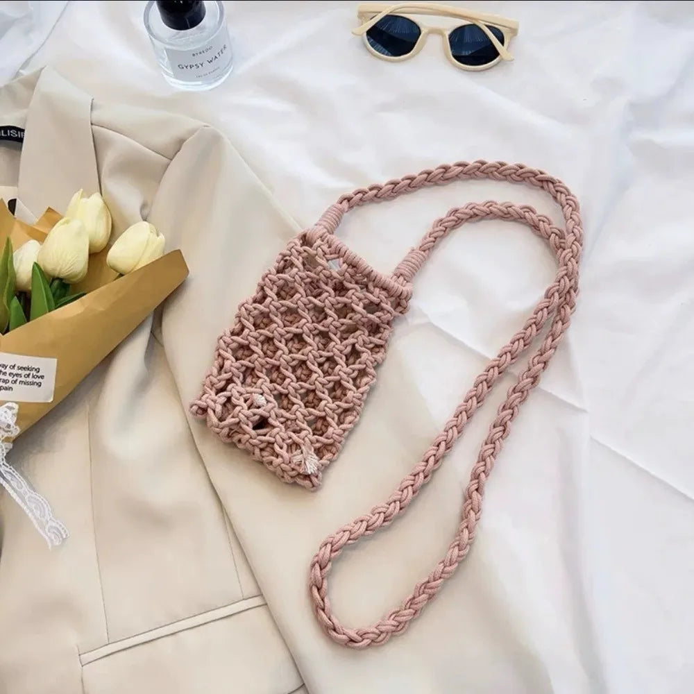 Fashion Portable Crossbody Phone Bag Hollow-out Woven Solid Color Shoulder Bags Crochet Lightweight Phone Purse Gifts