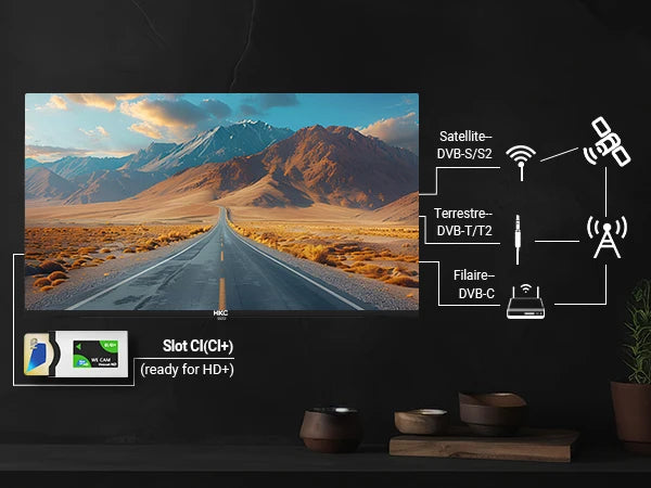 TV HKC 40" FHD Basique – Dolby Audio | DVB-T2/S2/C | 3x HDMI | Direct LED | Finition Métal | Noir