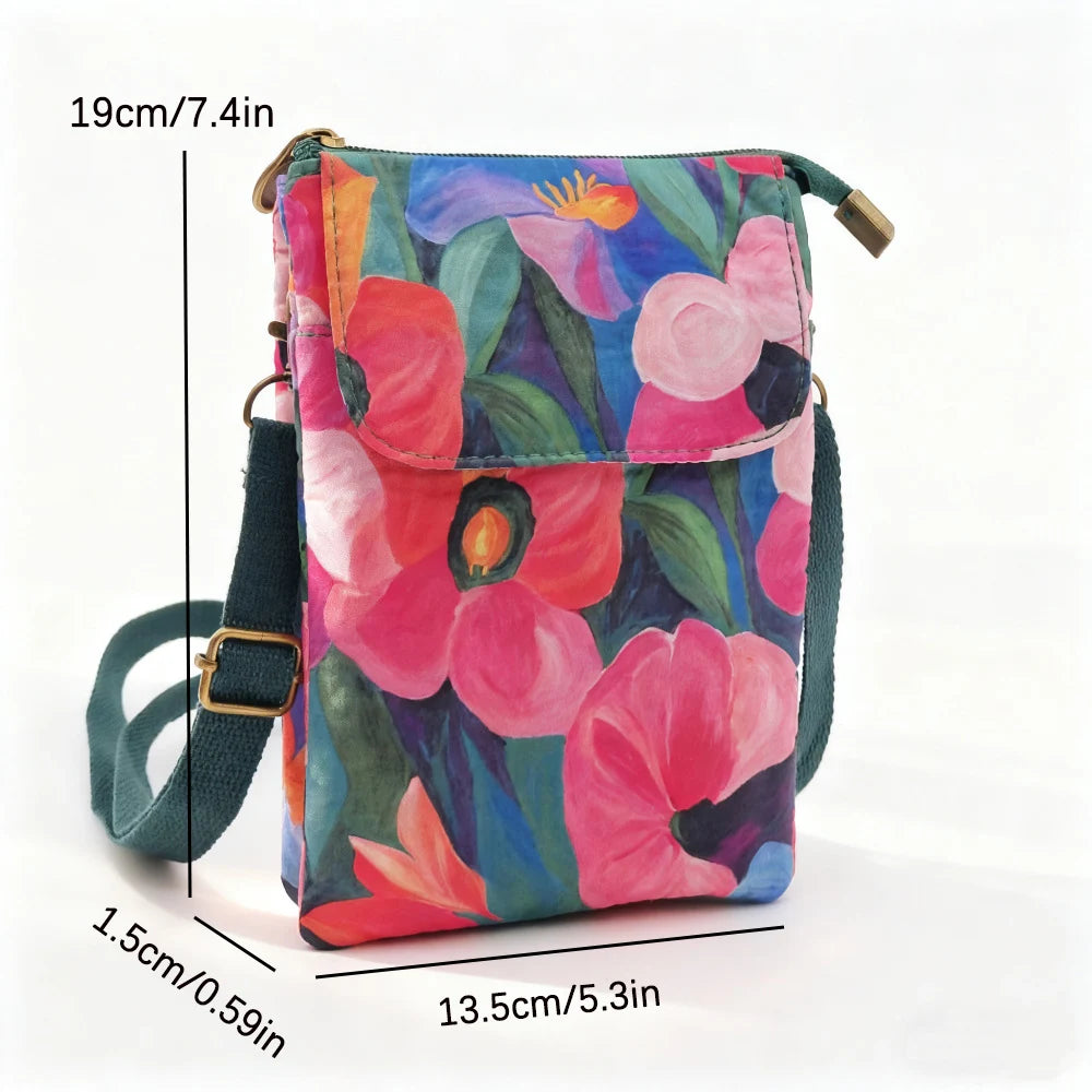 Versatile Print New Oil Painting Series 5-Layer Crossbody Phone Bag Rustic Fabric Women's Handbag Lightweight and Easy-to-Match