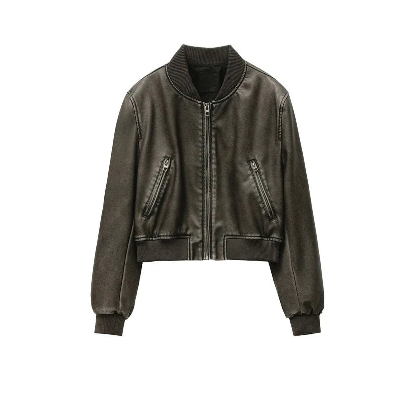 Veste Bomber Femme Simili Cuir Vintage – Fermeture Éclair | Poches | Streetwear | Toutes Saisons | XS-XXL