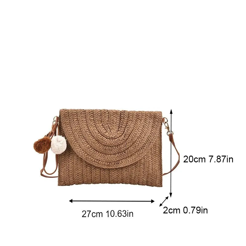 Sac de Plage Femme en Paille Tressée Fait Main – Forme Enveloppe, Pompon, Été, 3 Coloris