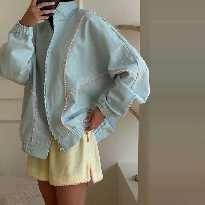 Casual Women's Denim Jacket Loose Stand Collar Long Sleeve Zipper Pocket Elastic Hem Solid Coat 2026 Autumn Lady Fashion Jackets