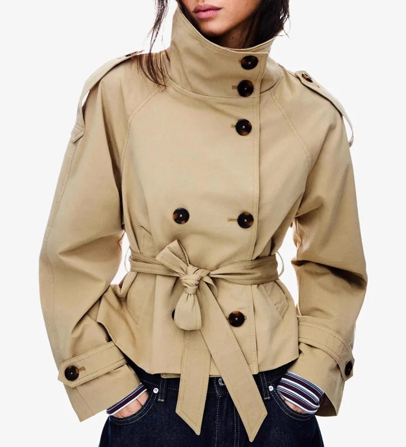 New Women's Solid Color Trench Coat Stand Collar Double Breasted Waist Tie Elegant Commuter Casual Loose Comfortable Warm Outfit