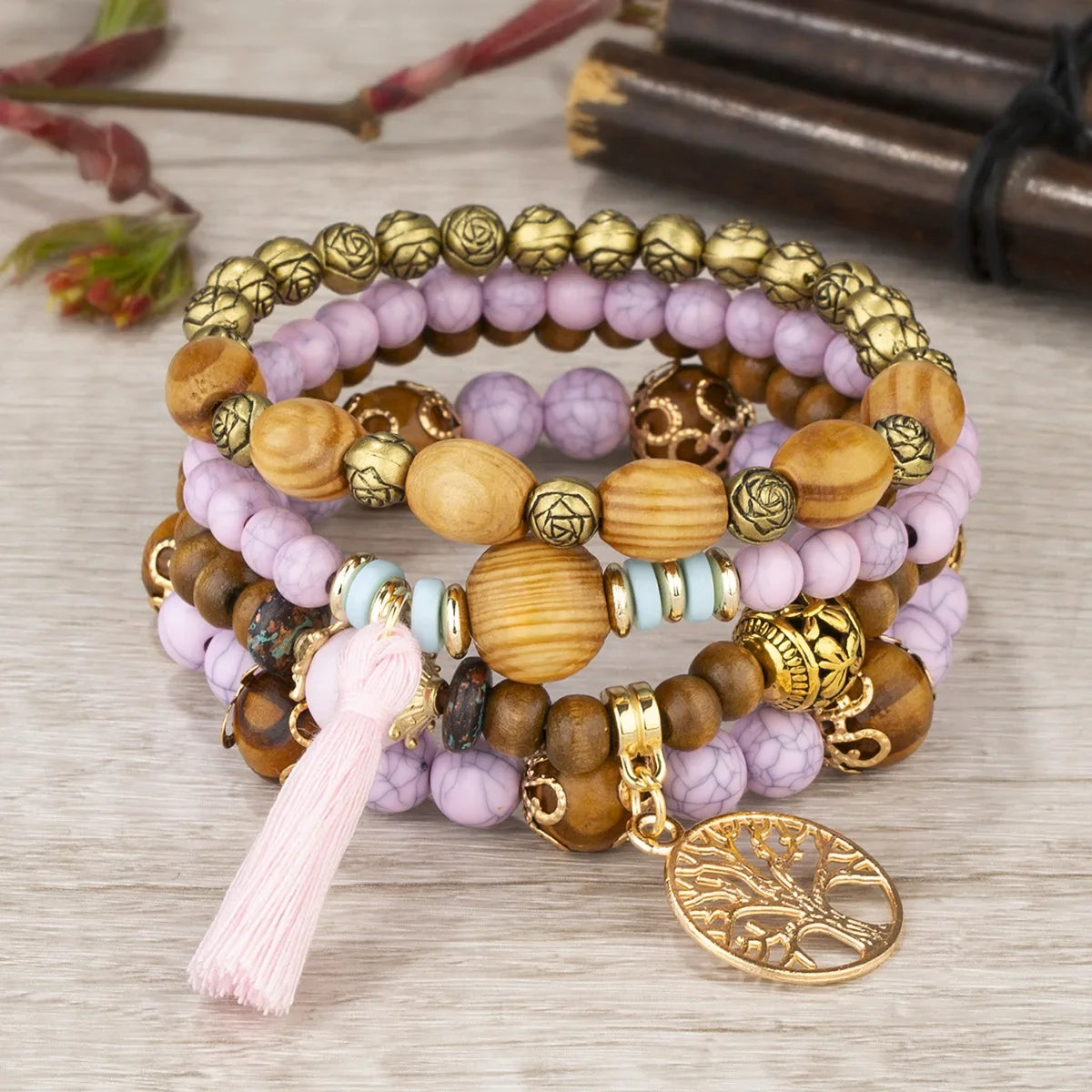 Set Bracelets Femme Bohème Arbre de Vie – Perles Bois & Glands
